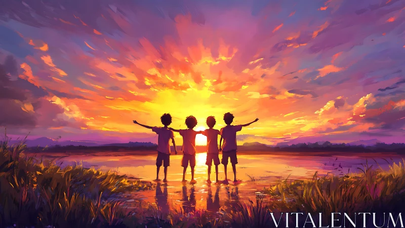 Children stand hand in hand as a radiant sunset ignites the sky