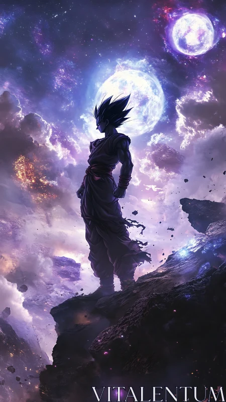 Cosmic warrior gazes into glowing twin moons in silence