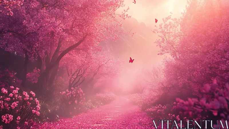 Cherry blossom path glows under soft ethereal sunrise light.