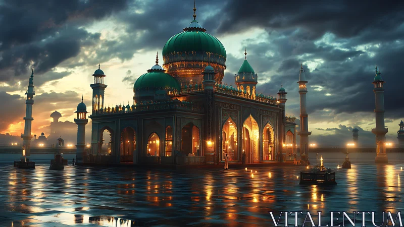 Emerald domed mosque glows against stormlit twilight sky.