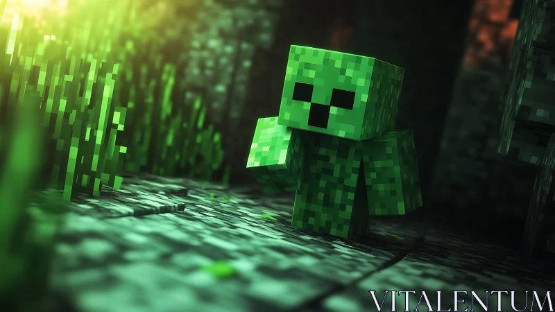 Green pixelated creature stalks a glowing cavern path