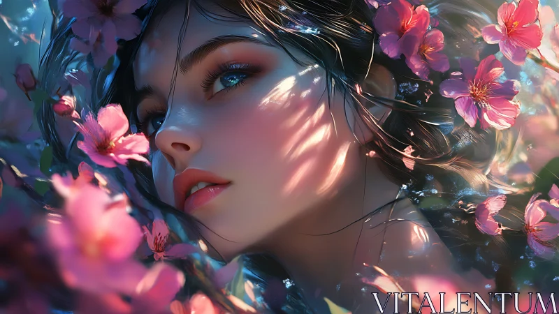 Female face rendered in close-up among vivid pink blossoms