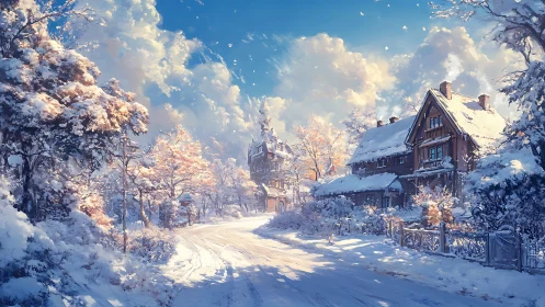 Snow-dusted village curve under sugarburst winter sky.