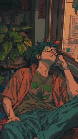 Laid-back youth basking in warm window light at dusk.