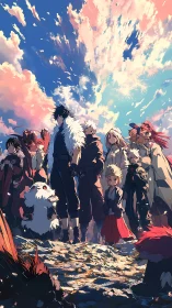 Heroic anime party stands on rocky plateau under radiant sky