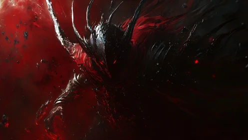 Voidborn shadow entity in crimson cosmic vortex environment.