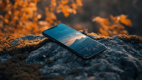 Smartphone on Moss-Covered Rock with Mountain Landscape Display.