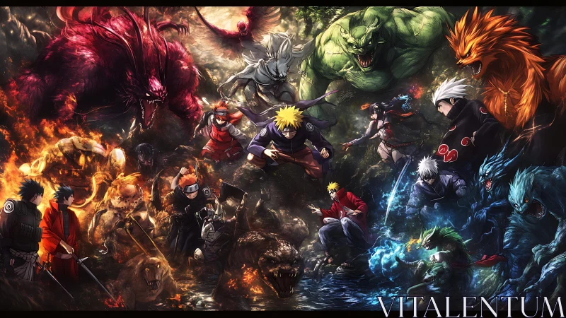 Dynamic anime clash with elemental beasts and glowing chakra.