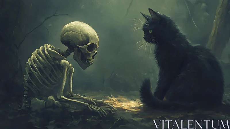 Digital painting of a cat and skeleton in moody forest tableau.