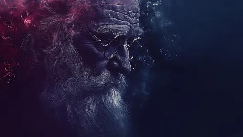 Elderly bearded profile dissolves into nebular smoke gradients