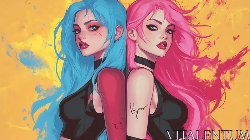 Neon hair rivals back to back on a blazing yellow canvas.