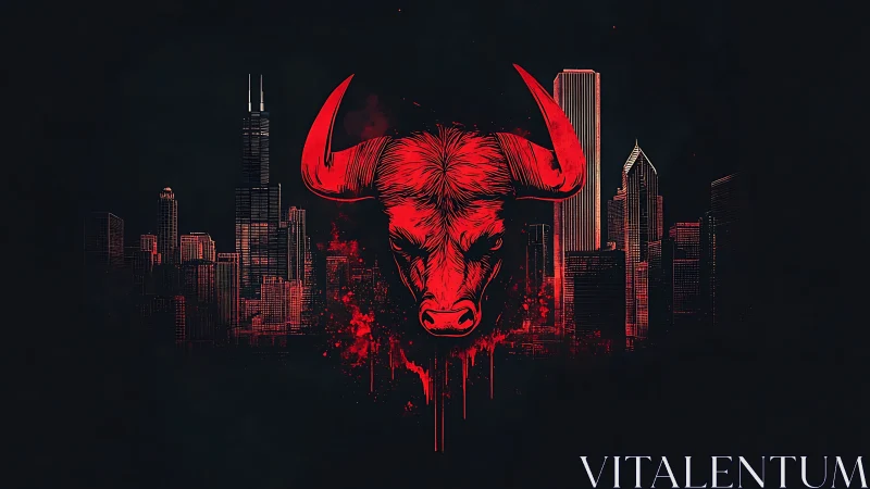 Red bull head over dark city skyline in bold contrast.