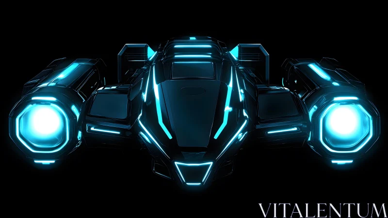 Futuristic sci-fi spaceship with glowing neon blue lights, digital art.
