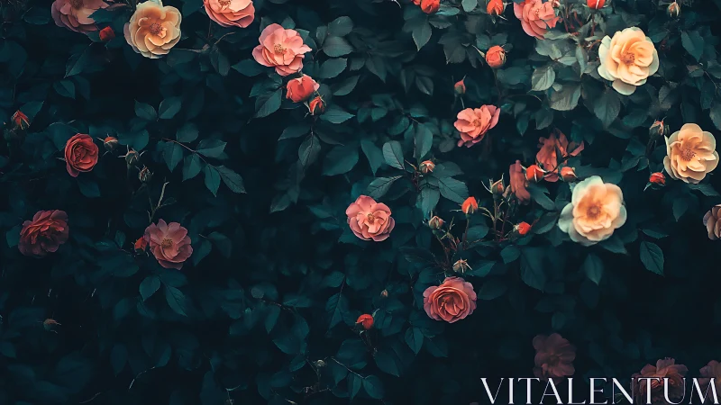 Garden Roses in Teal Shadow, Delicate Blooms Against Dark Foliage