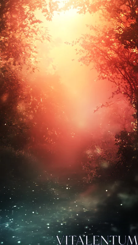 Enchanted river glows beneath a radiant crimson forest sky