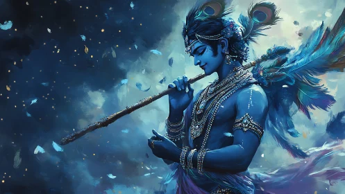 Chromatic deity portrait with flute, feathers, and nebular drift.