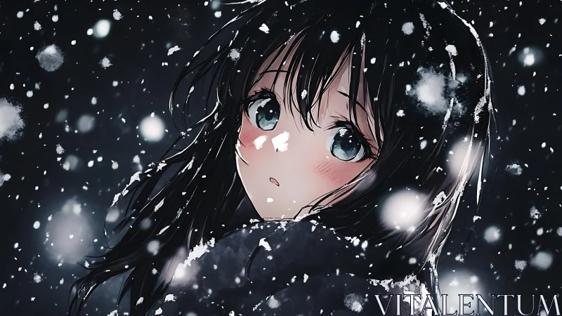 Anime-style portrait of girl in snowfall with dark background