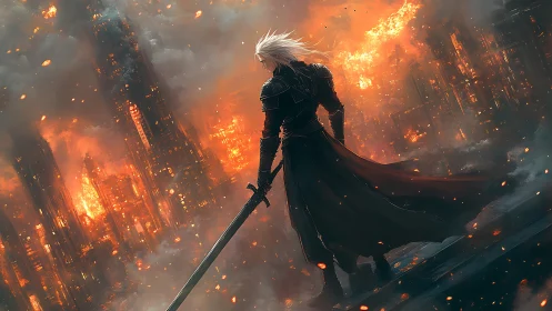 Armored swordsman surveys burning cyberpunk cityscape at dusk