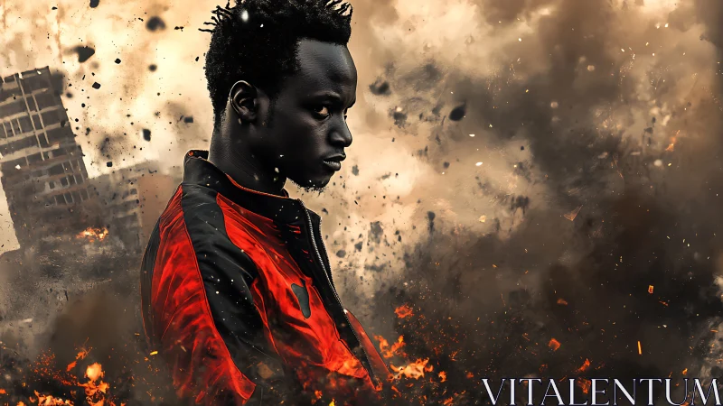 Side-lit man in red jacket amid urban explosion debris field