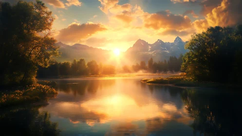 Sunlit mountain lake wrapped in soft golden morning glow.