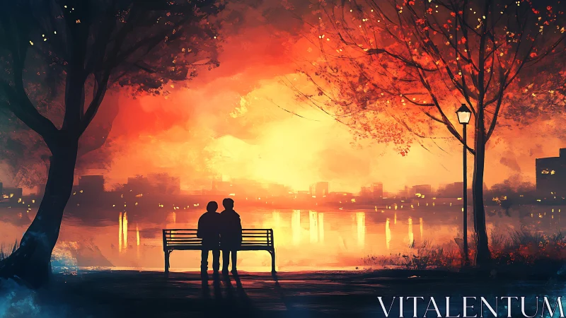 Two silhouettes share dreams against nature's burning apocalypse