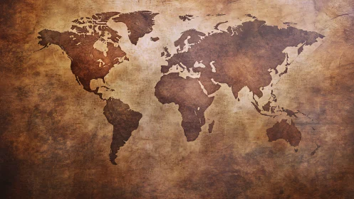 Weathered world map silhouette on antique parchment background.