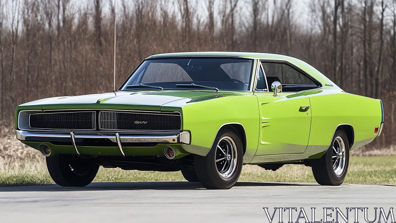 Lime green classic muscle car parked on rural roadside