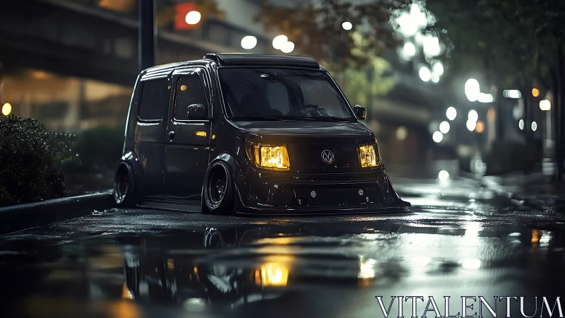 Low Volkswagen microvan parked on wet city street at night