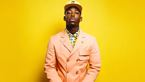 Confident street style in peach suit against bold yellow glow.