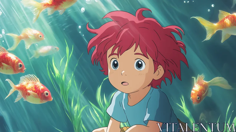 Young underwater character observes surrounding goldfish calmly