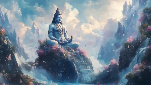 Colossal meditative deity seated above mist-laden Himalayan gorge