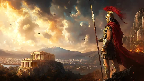 Digital painting of heroic Greek warrior above classical cityscape.