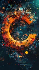 Glowing cyber ring of fragmented circuitry in deep space.