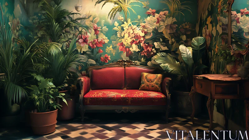 Red velvet sofa anchors lush tropical floral interior