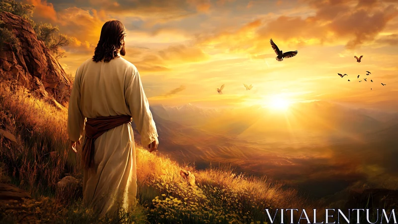 Figure in white robe overlooking radiant mountain sunrise.