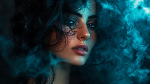 Woman’s illuminated face emerges sharply from swirling blue smoke