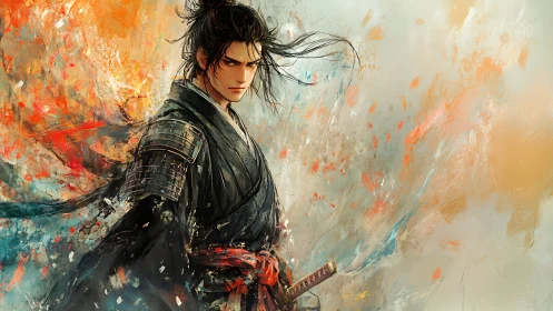 Samurai warrior portrait amid dynamic abstract color field