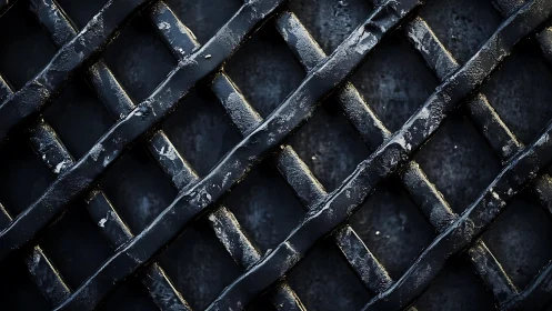 Close-up of Worn Black Metal Grid with Industrial Texture.