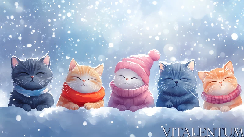 Five cartoon cats wearing winter clothing positioned in snow with falling snowflakes.