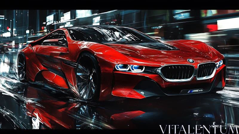 Red BMW concept coupe rendered on wet city street at night.