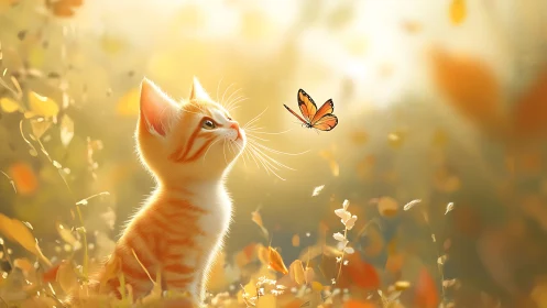 Orange Tabby Kitten Pursuing Butterfly in Golden Wildflower Meadow.