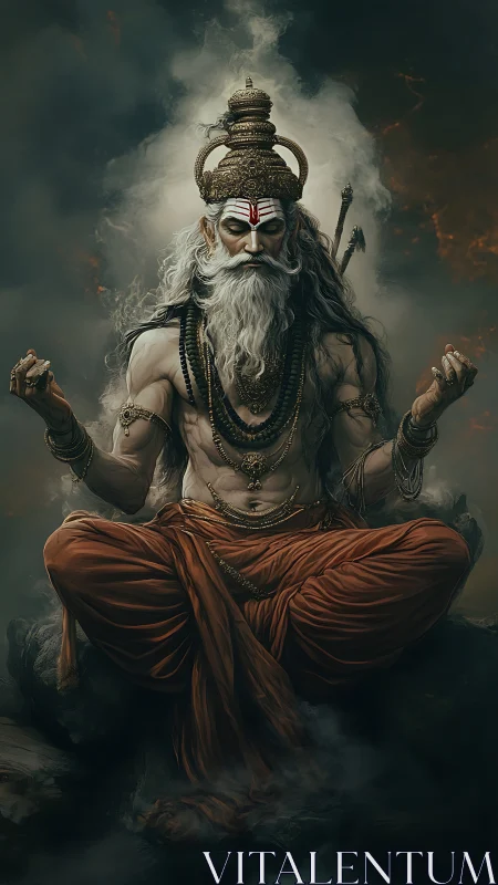 Mystical sage rests in meditation amid swirling sacred smoke