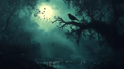 Moonlit raven overlooks a misty enchanted forest pond.