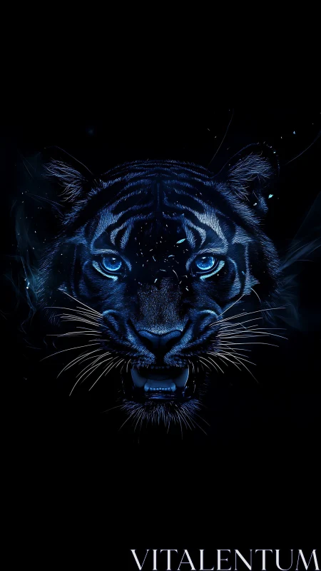Neon blue tiger portrait on black with glowing eyes.