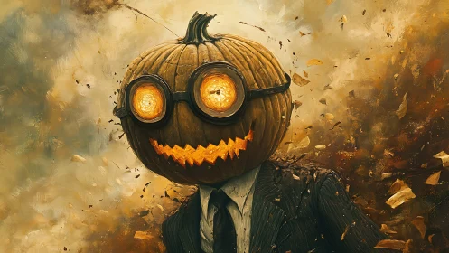 Pumpkin-headed figure in suit amid swirling autumn debris.