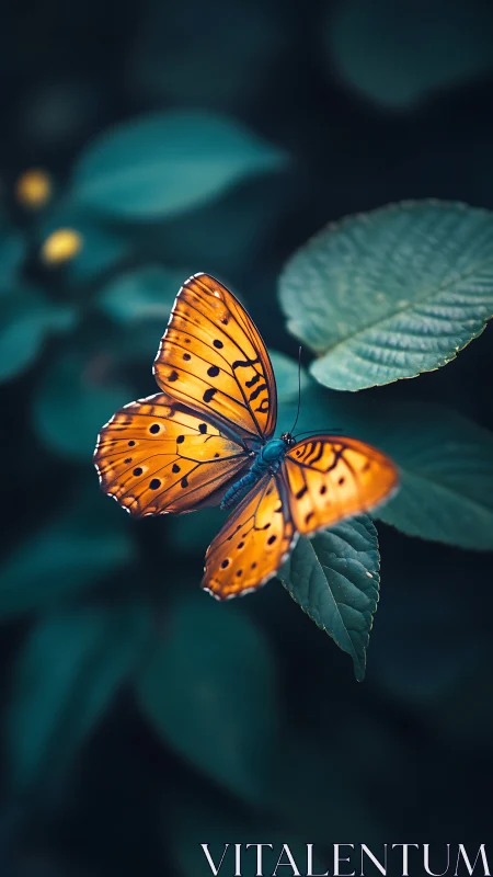 Orange butterfly on leaf with deep teal bokeh background.