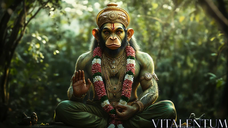 Divine simian deity seated in garlanded forest sanctum.