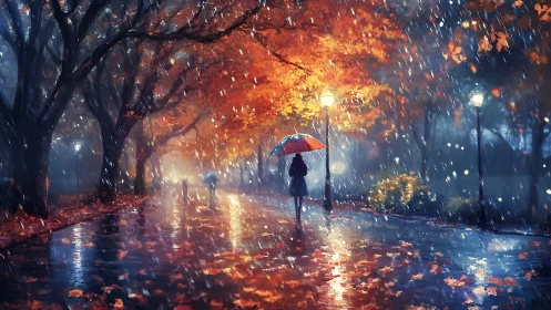 Digital painting of rainy autumn parkway with reflective path.
