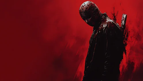 Masked slasher stands in blood-red horror atmosphere.