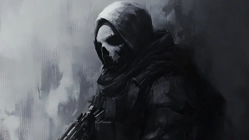 Hooded skull-masked soldier in monochrome digital portrait.
